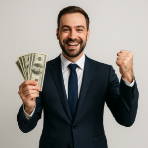 איש עסקים שמח בחליפה שמחזיק כסף ביד כסמל להצלחה וצמיחה עסקית